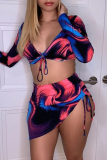 Blue Sexy Print Patchwork V Neck Three Quarter Two Pieces