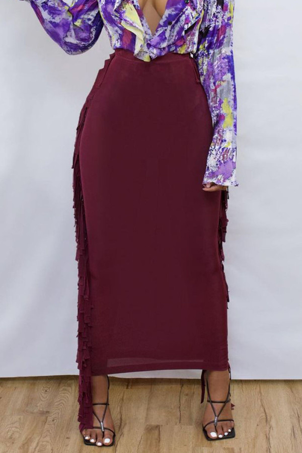 Burgundy Casual Solid Tassel Patchwork Dresses