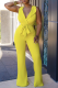 Yellow Casual Solid Patchwork V Neck Straight Jumpsuits