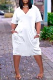 White Fashion Casual Solid Basic V Neck Short Sleeve Dress