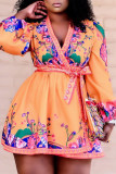Orange Sexy Print With Belt V Neck Princess Dresses