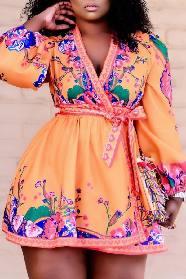 Orange Sexy Print With Belt V Neck Princess Dresses