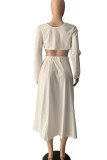 White Elegant Solid Patchwork Slit O Neck Long Sleeve Two Pieces