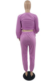 Purple Fashion Casual Solid Bandage O Neck Long Sleeve Two Pieces