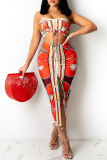 Red Sexy Print Patchwork Strapless Sleeveless Two Pieces