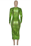 Green Fashion Sexy Solid Hollowed Out See-through O Neck Long Sleeve Dresses