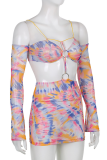 Colour Sexy Print Patchwork Spaghetti Strap Long Sleeve Two Pieces