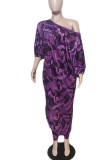 Purple Casual Print Camouflage Print Patchwork Asymmetrical Off the Shoulder Three Quarter Two Pieces