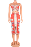 Red Sexy Print Patchwork Strapless Sleeveless Two Pieces