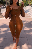 Rose Red Celebrities Solid Patchwork Buttons O Neck Long Sleeve Dresses