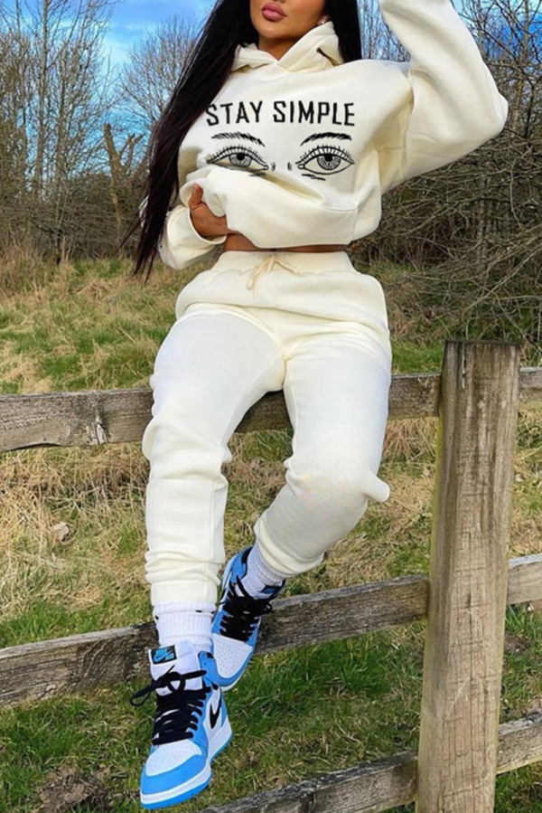 Cream White Fashion Casual Print Basic Hooded Collar Long Sleeve Two Pieces