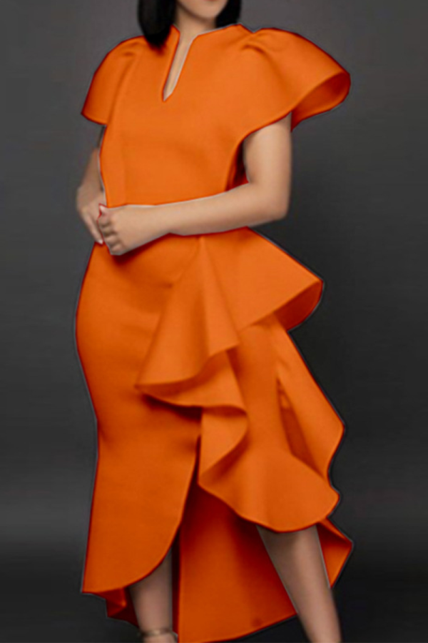 Tangerine Red Party Solid Flounce V Neck Cake Skirt Dresses