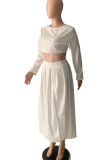 White Elegant Solid Patchwork Slit O Neck Long Sleeve Two Pieces