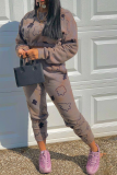 Grey Casual Print Patchwork O Neck Long Sleeve Two Pieces
