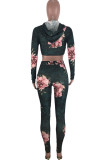 Gray Cyan Casual Print Patchwork Hooded Collar Long Sleeve Two Pieces