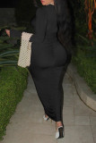 Black Fashion Sexy Solid Fold V Neck Long Sleeve Dresses