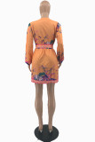 Orange Sexy Print With Belt V Neck Princess Dresses