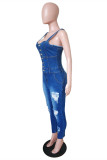 Blue Sexy Casual Patchwork Ripped Backless Spaghetti Strap Skinny Jumpsuits