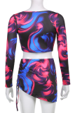 Blue Sexy Print Patchwork V Neck Three Quarter Two Pieces