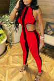 Red Sexy Striped Print Hollowed Out Patchwork Frenulum Backless Halter Skinny Jumpsuits