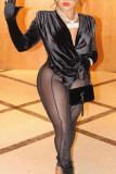 Red Sexy Solid Patchwork See-through Mesh V Neck Straight Jumpsuits（Without Gloves）