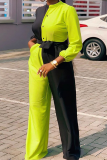 Green Casual Solid Patchwork O Neck Regular Jumpsuits