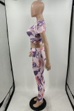 Pink Fashion Casual Print Basic U Neck Short Sleeve Two Pieces