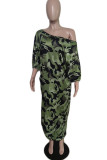 Purple Casual Print Camouflage Print Patchwork Asymmetrical Off the Shoulder Three Quarter Two Pieces