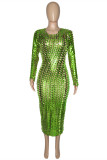 Green Fashion Sexy Solid Hollowed Out See-through O Neck Long Sleeve Dresses