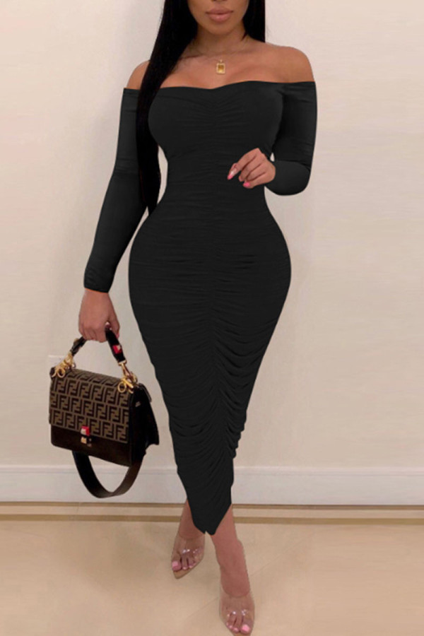 Black Sexy Solid Patchwork Fold Off the Shoulder One Step Skirt Dresses