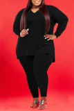 Red Casual Solid Split Joint V Neck Plus Size Two Pieces