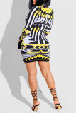Black Yellow Fashion Casual Print Patchwork Zipper Collar Long Sleeve Dresses