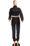 Grey Casual Solid Patchwork Draw String Fold Half A Turtleneck Long Sleeve Two Pieces
