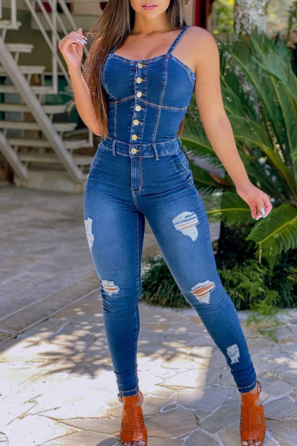 Blue Sexy Casual Patchwork Ripped Backless Spaghetti Strap Skinny Jumpsuits