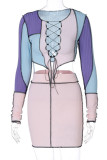 Purple Sexy Solid Bandage Patchwork Frenulum Asymmetrical O Neck Long Sleeve Two Pieces