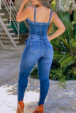 Blue Sexy Casual Patchwork Ripped Backless Spaghetti Strap Skinny Jumpsuits