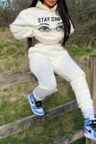 Cream White Fashion Casual Print Basic Hooded Collar Long Sleeve Two Pieces