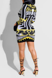 Black Yellow Fashion Casual Print Patchwork Zipper Collar Long Sleeve Dresses