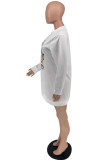 White Fashion Casual Print Basic O Neck Long Sleeve Dresses