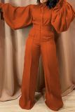 Red Casual Solid Patchwork Turndown Collar Straight Jumpsuits
