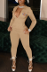 Khaki Sexy Print Patchwork Turndown Collar Skinny Jumpsuits