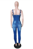 Blue Sexy Casual Patchwork Ripped Backless Spaghetti Strap Skinny Jumpsuits