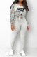 Grey Casual Print Make Old O Neck Long Sleeve Two Pieces