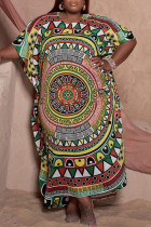 Multicolor Casual Print Split Joint O Neck Straight Plus Size Dresses
