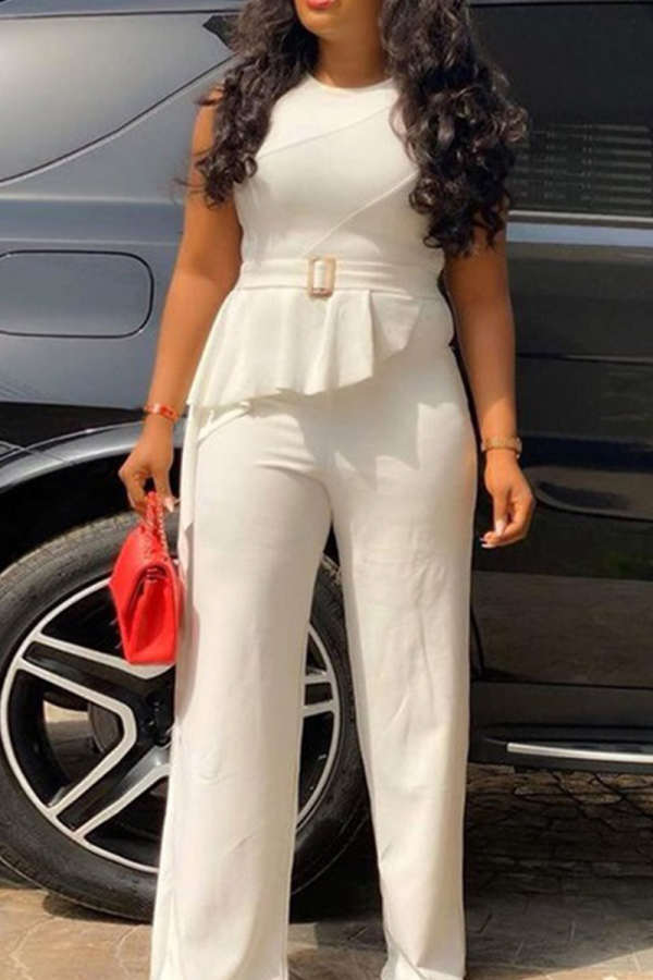 White Casual Solid Patchwork O Neck Straight Jumpsuits