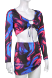 Blue Sexy Print Patchwork V Neck Three Quarter Two Pieces