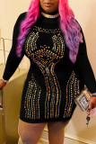 Black Fashion Sexy Patchwork Hot Drill Turtleneck Long Sleeve Dresses pre-sale