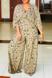 Blue Casual Print Patchwork V Neck Straight Jumpsuits