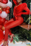 Red Sexy Solid Patchwork See-through Mesh V Neck Straight Jumpsuits（Without Gloves）