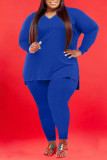 Black Casual Solid Split Joint V Neck Plus Size Two Pieces